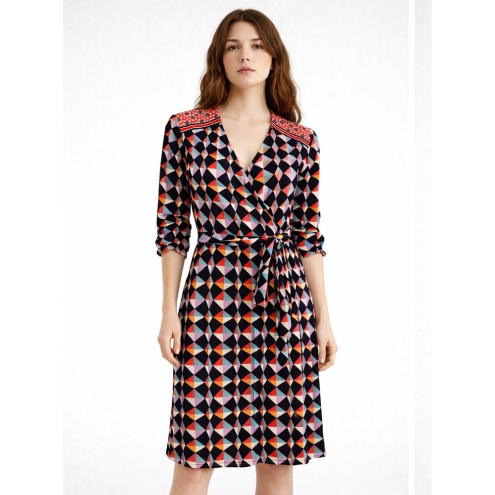 Donna Morgan Size 2 Colorful Geometric Wrap‎ Dress EUC